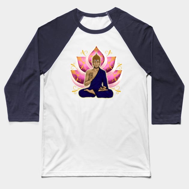 Abhaya Mudra Buddha with Pink Lotus Flower Baseball T-Shirt by MandalaSoul